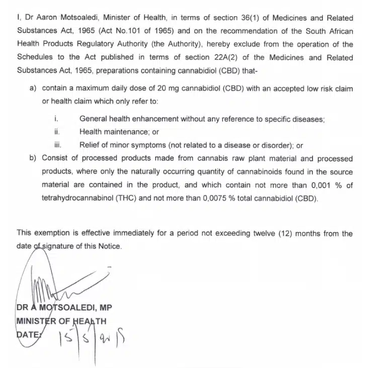 חתימת שר הבריאות של דרום אפריקה על החרגת מוצרי CBD בריכוז נמוך ומוצרי המפ מפקודת התרופות לתקופה של שנה